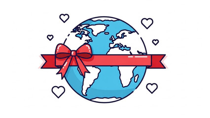 Globe wrapped in red ribbon with bow and hearts, symbolizing global love and unity, earth day concept, vector illustration