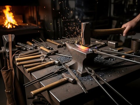 Blacksmithing tools on anvil, hot metalworking, forge