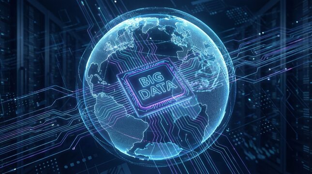 A futuristic digital globe with a 'BIG DATA' processor chip at its core, surrounded by glowing circuit lines representing global connectivity and advanced technology. - Powered by Adobe