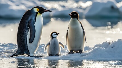 Obraz premium Baby Penguin Standing Between Parents High Resolution Picture
