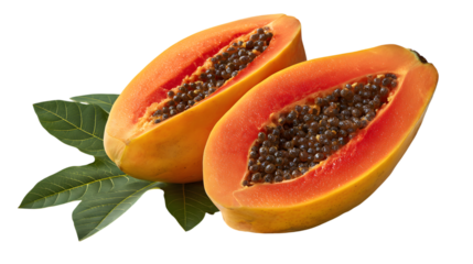 Freshly cut papaya with seeds isolated on white background