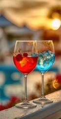 Two vibrant cocktails, red and blue, sit atop a wooden railing, showcasing a picturesque outdoor setting at sunset.