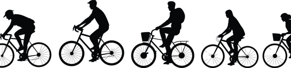 Obraz premium Cyclists silhouette riding bicycles in motion, urban commuting people, eco transport, healthy lifestyle, outdoor activity, black figures, white background illustration