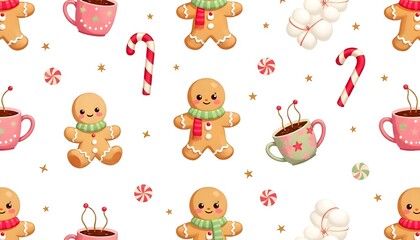 Kawaii Holiday Seamless Pattern &ndash; Gingerbread Men with Scarves & Sweet Treats