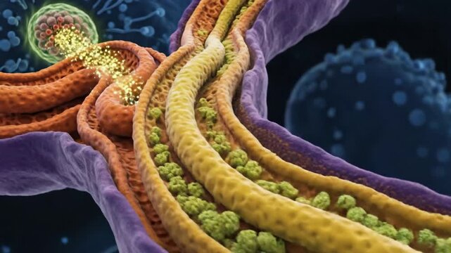 Microscopic view of a nephron demonstrating filtration process with cellular structures and fluid movement.