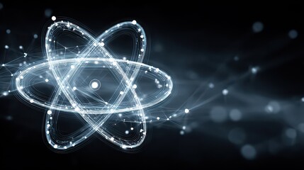 Abstract Visualization of an Atom with Glowing White Particles in a Dark Environment