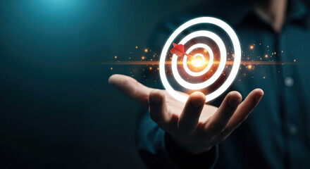 Goal Target Achievement With Dart Hitting Bullseye in Palm Hand  Business Strategy Success Concept Future Marketing Arrows Aim Focus