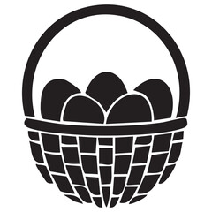 Black silhouette of a woven basket filled with eggs Keywords: easter basket, silhouette, eggs, woven basket, holiday, spring, celebration, food