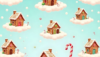 Whimsical Gingerbread House Seamless Pattern &ndash; Candy Cane Rain & Marshmallow Snow