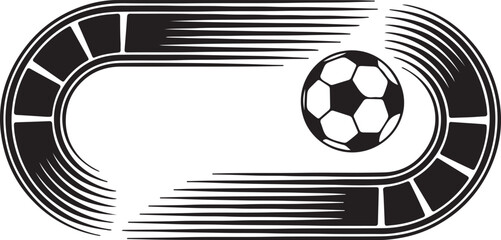 Soccer ball on running track vector illustration, dynamic speed motion football concept in black and white style