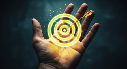 Golden Arrow Hits Bullseye Target Concept Success with Hand Reaching for Goal Achieving Perfection Precision Focus Winning Bright Idea