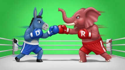 Clash of ideologies a cartoon political boxing match with democrat donkey versus republican