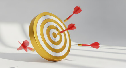Golden Target with Darts Hitting Bulls Eye. Concept of Achieving Goals Accuracy Precision and Success in Business and Life