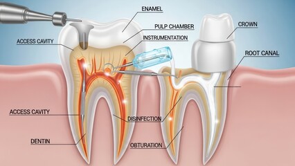 Comprehensive illustration detailing the endodontic treatment on human molar teeth anatomy