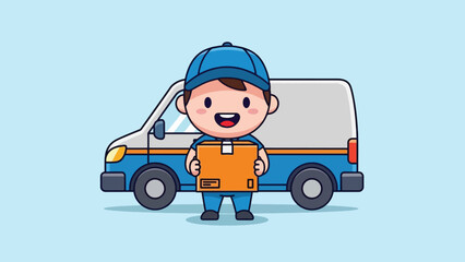 Cute cartoon delivery man holding package in front of blue delivery van.