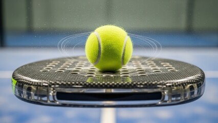 Close-up of a vibrant tennis ball balancing on a modern paddle racket with motion trails