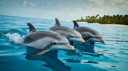 Obraz premium Dolphins swimming together in clear blue ocean 