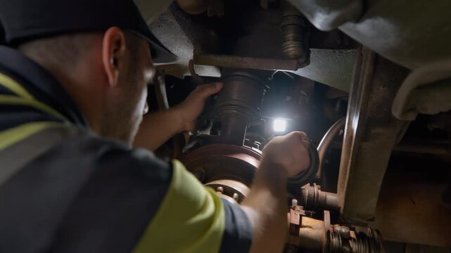 A focused mechanic uses a bright light to inspect the complex, dark traction motor components underneath heavy industrial equipment in a close-up shot.