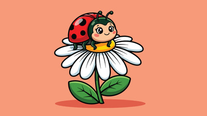 Fototapeta premium Cute Cartoon Ladybug Perched on a White Daisy Flower.