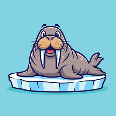 Cute cartoon walrus with tusks smiling happily on an ice floe. © Caroline Studio