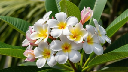 Exotic blossoms of frangipani revealing delicate gradients and verdant foliage accents