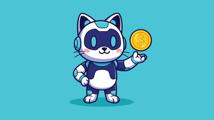 Obraz premium Cute Robot Cat Character Holding Gold Coin Illustration.