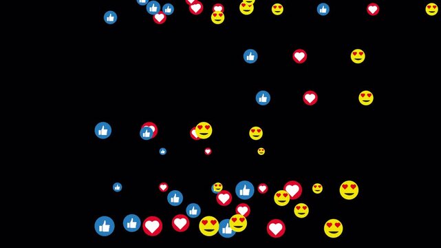 Social media likes icons particles flying animation on black background, social media icons flying upward animated in 4k.