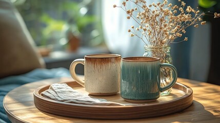 Two ceramic mugs on a wooden serving tray with a cloth napkin and a jar of dried flowers bathed in warm sunlight, creating a cozy calm morning scene