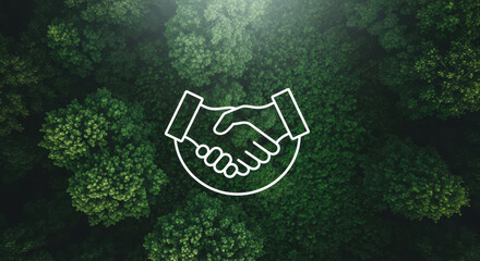 Green Business Partnership Handshake Icon on Forest Canopy Symbolizing Environmental Agreement Collaboration Eco-Friendly Solutions Sustainability Unity