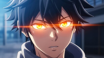 Intense gaze: Anime style character with glowing eyes radiating mysterious aura