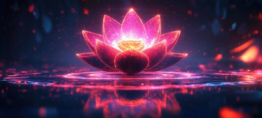 glowing neon lotus flower with radiant petals floating on dark reflective water, surrounded by sparkles and soft bokeh lights, evoking serene mystical wonder