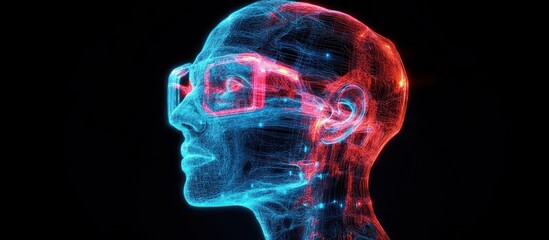 Neon wireframe human head wearing glowing virtual glasses in blue and red, futuristic contemplative profile with digital mesh and network nodes