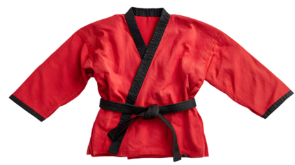 Red martial arts uniform with black belt isolated on white background