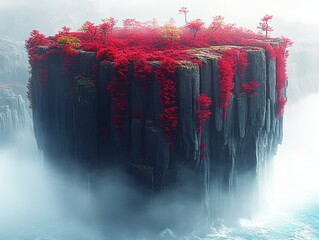 Isolated sea-cliff monolith with sheer basalt columns crowned by vivid red trees and cascading foliage, shrouded in mist with crashing waves, evoking serene and mystical awe