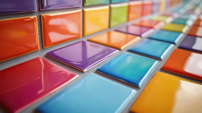 close-up of glossy multicolored square ceramic tiles arranged in diagonal rows, vibrant playful colors and shiny reflective surfaces conveying cheerful energy