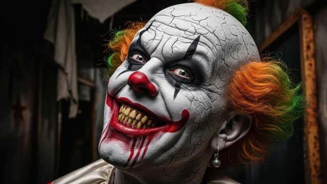 Intense portrait of a menacing clown with cracked face paint and vibrant hair