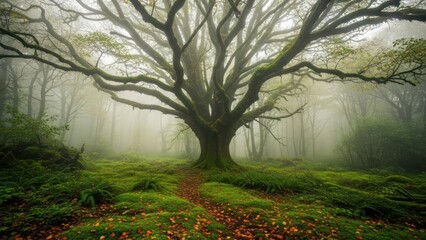 Majestic oak stands sentinel in ethereal forest blanketed by otherworldly mist