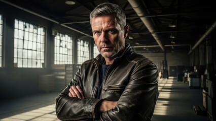 Portrait of a confident mature man in leather jacket standing in industrial backdrop