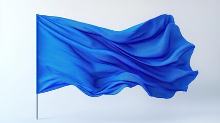 Waving cobalt blue fabric flag on a simple pole, flowing textured folds and ripples conveying calm and serene motion against a soft pale minimalist background