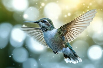 Obraz premium iridescent green hummingbird hovering midair with outstretched wings, soft bokeh lights and gentle sparkle, delicate and serene moment