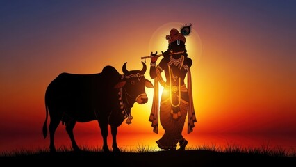 Silhouette of Krishna playing flute with sacred cow against a vibrant sunset backdrop