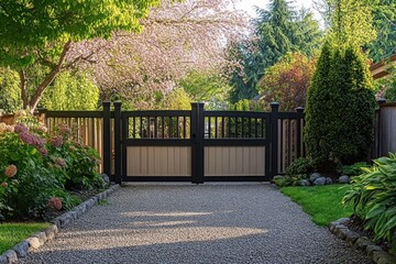 sunlit gravel driveway leading to a closed double wooden gate with black posts, framed by manicured lawn, hydrangeas, trimmed shrubs, stone edging and a pink blossoming tree, serene and inviting