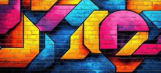 vibrant geometric graffiti on textured brick wall with bold pink yellow blue and orange 3d shapes conveying dynamic energetic playful mood