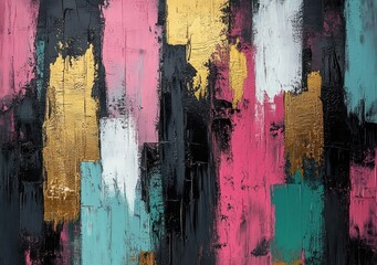 textured abstract painting of vertical color blocks in black, pink, teal, white and metallic gold, energetic and dramatic
