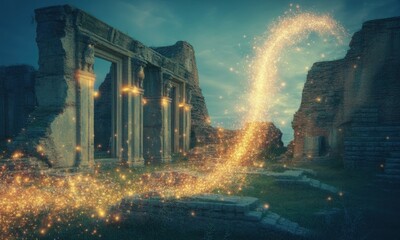 Ruined structure with a magical energy trail illuminating the dusk