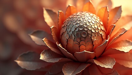 Closeup of a metallic flower with a scaled spherical center and bronzecopper petals under warm light