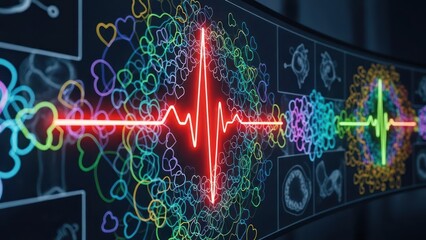 Vibrant digital illustration featuring heart patterns and biomedical imaging with ECG elements on
