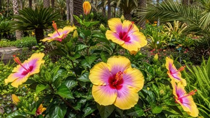 Vibrant hibiscus blooms amidst lush foliage in a sunny, tropical garden setting