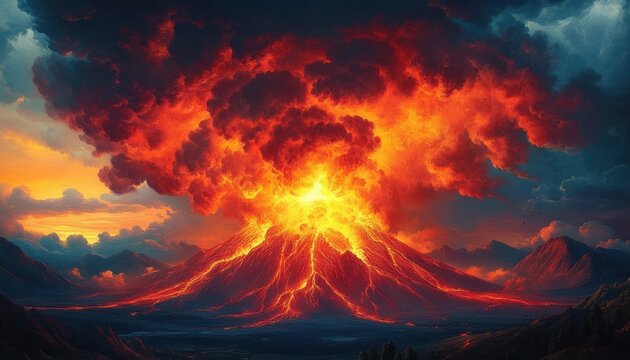 Explosive volcanic eruption with glowing lava flows, towering ash and pyroclastic cloud, fiery sky over rugged mountains conveying dramatic, apocalyptic power and intense heat - Powered by Adobe