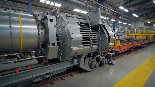 A massive gray traction motor is being transported on a specialized railway flatcar during assembly inside a bright, powerful industrial manufacturing plant.